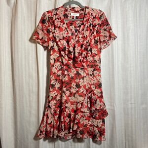 Reiss Marseille Red Floral Ruffle V-Neck Mini Dress Short Sleeve 6 Romance Flirt